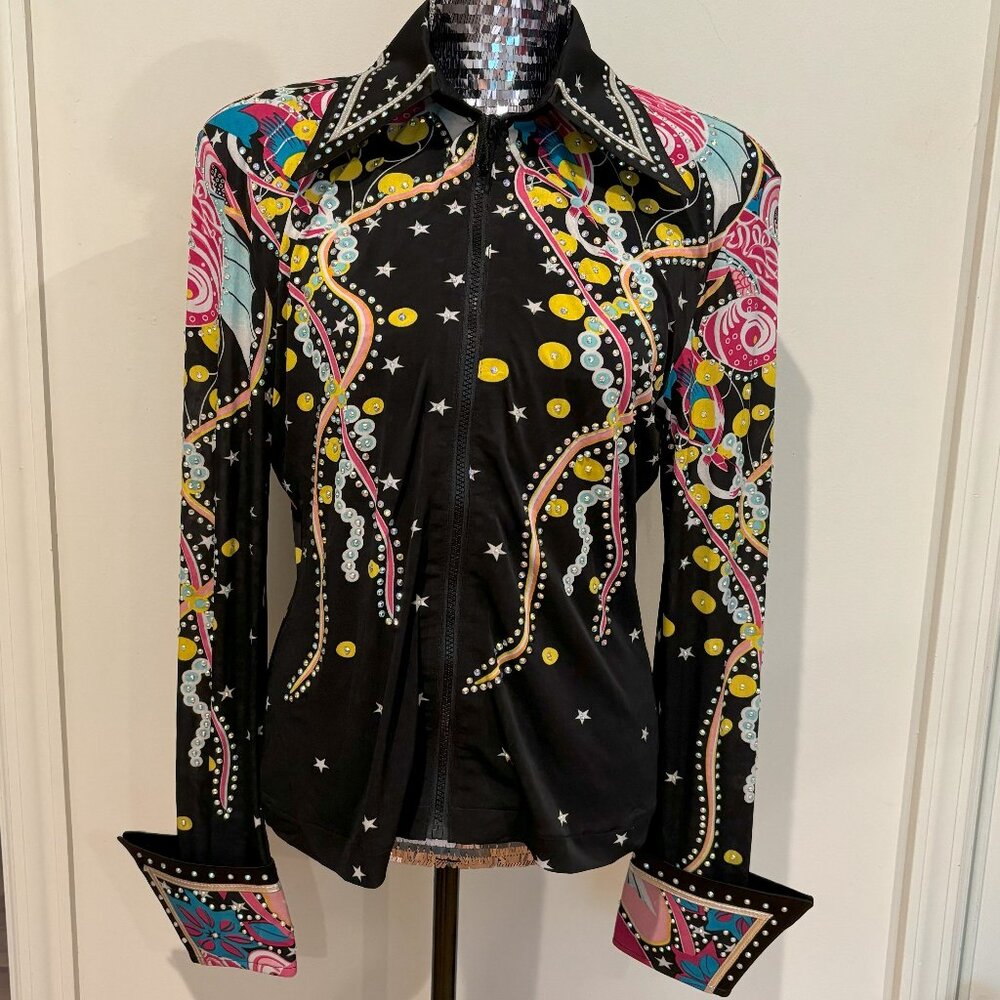 HEARTLAND Western Equestrian Show Shirt, Black Multi-Color, Sz L, NWT, $68